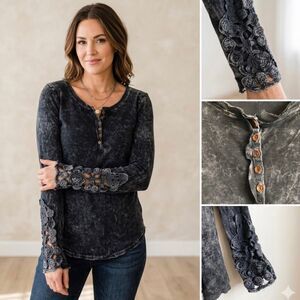 Western grunge biker girl T-Party Acid Wash Crochet Lace Cuff Henley Top mineral